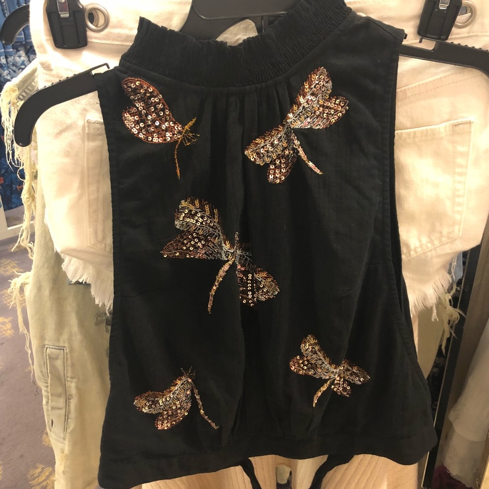 Sold Free People Black halter w/gold butterflies